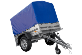 Anhänger 150 KIPP 150×106 cm [mit blauer Hochplane, Hochspriegel und Stützrad]-Neu