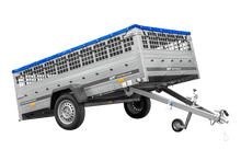 Laden Sie das Bild in den Galerie-Viewer, Anhänger 264×150 UNITRAILER GARDEN 265 KIPP mit Gitteraufsatz, Flachplanenträgern und blauer Plane-Neu