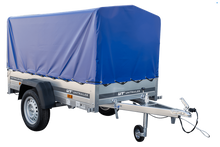 Laden Sie das Bild in den Galerie-Viewer, Anhänger Garden Trailer 200 KIPP 200×106 cm 750 kg [mit Hochspriegel, blauer Hochplane und Stützrad]-Neu