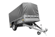 Laden Sie das Bild in den Galerie-Viewer, Anhänger mit Blattfedern 230×125 UNITRAILER FORCE 230/R KIPP ungebremst mit H-800 Spriegel und grauer Hochplane-Neu
