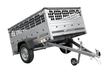 Laden Sie das Bild in den Galerie-Viewer, Autoanhänger 200×125 UNITRAILER GARDEN 201 KIPP mit Gitterwänden, H-0-Rahmen und grauer Plane-Neu