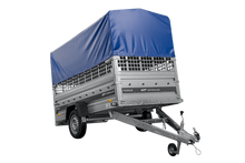 Laden Sie das Bild in den Galerie-Viewer, Autotransportanhänger 264×125 UNITRAILER FORCE 264 KIPP mit Gitterwänden, H-800 Rahmen und blauer Plane-Neu