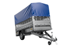 Autotransportanhänger 264×125 UNITRAILER FORCE 264 KIPP mit Gitterwänden, H-800 Rahmen und blauer Plane-Neu