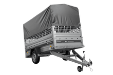 Laden Sie das Bild in den Galerie-Viewer, Autotransportanhänger 264×125 UNITRAILER FORCE 264 KIPP mit Gitterwänden, H-800 Rahmen und grauer Plane-Neu