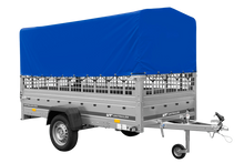 Laden Sie das Bild in den Galerie-Viewer, Autotransportanhänger auf Blattfedern 264×125 UNITRAILER GARDEN 264/R KIPP mit Gitterwänden, H-800 Rahmen und blauer Plane-Neu