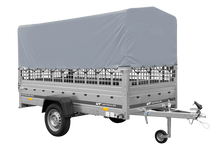 Laden Sie das Bild in den Galerie-Viewer, Autotransportanhänger auf Blattfedern 264×125 UNITRAILER GARDEN 264/R KIPP mit Gitterwänden, H-800 Rahmen und grauer Plane-Neu