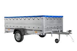 Autotransportanhänger auf Blattfedern 264×150 UNITRAILER GARDEN 265/R KIPP mit BIS-Seitenwänden, H-0-Rahmen und blauer Plane-Neu
