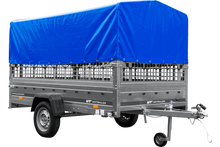 Laden Sie das Bild in den Galerie-Viewer, Autotransportanhänger auf Blattfedern 264×150 UNITRAILER GARDEN 265/R KIPP mit Gitterwänden, H-800 Rahmen und blauer Plane-Neu