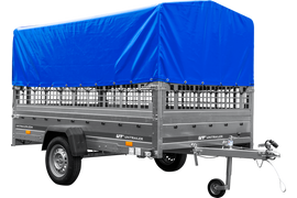 Autotransportanhänger auf Blattfedern 264×150 UNITRAILER GARDEN 265/R KIPP mit Gitterwänden, H-800 Rahmen und blauer Plane-Neu