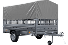 Laden Sie das Bild in den Galerie-Viewer, Autotransportanhänger auf Blattfedern 264×150 UNITRAILER GARDEN 265/R KIPP mit Gitterwänden, H-800 Rahmen und grauer Plane-Neu