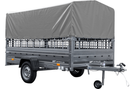Autotransportanhänger auf Blattfedern 264×150 UNITRAILER GARDEN 265/R KIPP mit Gitterwänden, H-800 Rahmen und grauer Plane-Neu