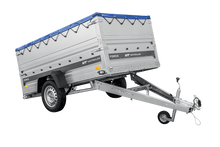 Laden Sie das Bild in den Galerie-Viewer, Autotransportanhänger auf Federn 230×125 UNITRAILER FORCE 230/R KIPP mit BIS-Seitenwänden, H-0-Rahmen und blauer Plane-Neu