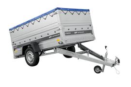 Autotransportanhänger auf Federn 230×125 UNITRAILER FORCE 230/R KIPP mit BIS-Seitenwänden, H-0-Rahmen und blauer Plane-Neu