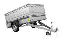 Laden Sie das Bild in den Galerie-Viewer, Autotransportanhänger auf Federn 230×125 UNITRAILER FORCE 230/R KIPP mit BIS-Seitenwänden, H-0-Rahmen und grauer Plane-Neu