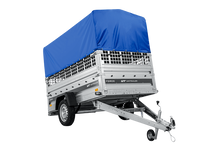 Laden Sie das Bild in den Galerie-Viewer, Autotransportanhänger auf Federn 230×125 UNITRAILER FORCE 230/R KIPP mit Gitterwänden, H-800 Rahmen und blauer Plane-Neu