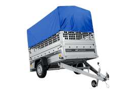 Autotransportanhänger auf Federn 230×125 UNITRAILER FORCE 230/R KIPP mit Gitterwänden, H-800 Rahmen und blauer Plane-Neu
