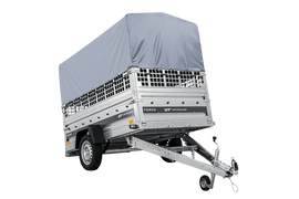 Autotransportanhänger auf Federn 230×125 UNITRAILER FORCE 230/R KIPP mit Gitterwänden, H-800 Rahmen und grauer Plane-Neu