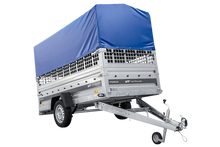Laden Sie das Bild in den Galerie-Viewer, Autotransportanhänger auf Federn 264×125 UNITRAILER FORCE 264/R KIPP mit Gitterwänden, H-800 Rahmen und blauer Plane-Neu
