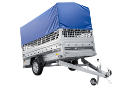 Autotransportanhänger auf Federn 264×125 UNITRAILER FORCE 264/R KIPP mit Gitterwänden, H-800 Rahmen und blauer Plane-Neu