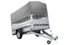 Laden Sie das Bild in den Galerie-Viewer, Autotransportanhänger auf Federn 264×125 UNITRAILER FORCE 264/R KIPP mit Gitterwänden, H-800 Rahmen und grauer Plane-Neu