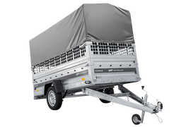 Autotransportanhänger auf Federn 264×125 UNITRAILER FORCE 264/R KIPP mit Gitterwänden, H-800 Rahmen und grauer Plane-Neu