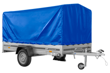 Laden Sie das Bild in den Galerie-Viewer, Autotransportanhänger auf Federn 264×150 UNITRAILER GARDEN 265/R KIPP mit H-1100 Rahmen und blauer Plane-Neu