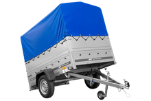 Laden Sie das Bild in den Galerie-Viewer, Einachsanhänger 200×125 UNITRAILER GARDEN 201 KIPP mit BIS-Seitenwänden, H-800-Rahmen und blauer Plane-Neu