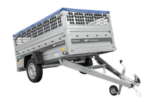 Laden Sie das Bild in den Galerie-Viewer, Einachsanhänger 230×125 UNITRAILER FORCE 230 KIPP mit Gitterseitenwänden, H-0-Rahmen und blauer Plane-Neu