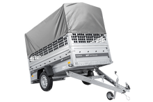 Laden Sie das Bild in den Galerie-Viewer, Einachsanhänger 230×125 UNITRAILER FORCE 230 KIPP mit Gitterseitenwänden, H-800 Rahmen und grauer Plane-Neu