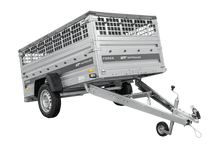 Laden Sie das Bild in den Galerie-Viewer, Einachsanhänger 230×125 UNITRAILER FORCE 230 KIPP mit Gitterwänden, H-0-Rahmen und grauer Plane-Neu