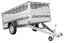 Laden Sie das Bild in den Galerie-Viewer, Einachsanhänger 264×125 UNITRAILER FORCE 264 KIPP mit Gitterwänden, H-0-Rahmen und grauer Plane-Neu