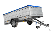 Laden Sie das Bild in den Galerie-Viewer, Einachsanhänger 264×150 UNITRAILER GARDEN 265 KIPP mit zusätzlichen Bordwänden, H-0-Rahmen und blauer Plane-Neu