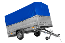 Laden Sie das Bild in den Galerie-Viewer, Einachsanhänger 264×150 UNITRAILER GARDEN 265 KIPP mit zusätzlichen Bordwänden, H-800-Hochspriegel und blauer Plane-Neu