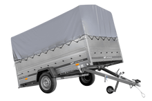 Laden Sie das Bild in den Galerie-Viewer, Einachsanhänger 264×150 UNITRAILER GARDEN 265 KIPP mit zusätzlichen Bordwänden, H-800-Rahmen und grauer Plane-Neu