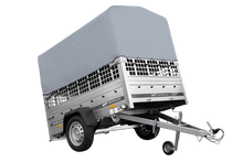 Laden Sie das Bild in den Galerie-Viewer, Einachsanhänger auf Federn 200×125 UNITRAILER GARDEN 201/R KIPP mit Gitterwänden, H-800-Rahmen und grauer Plane-Neu