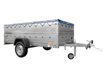 Laden Sie das Bild in den Galerie-Viewer, Einachsanhänger auf Federn 264×125 UNITRAILER GARDEN 264/R KIPP mit BIS-Seiten, H-0-Rahmen und blauer Plane-Neu