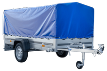Laden Sie das Bild in den Galerie-Viewer, Einachsanhänger mit Blattfedern 264×125 UNITRAILER GARDEN 264/R KIPP mit H-800-Rahmen und blauer Plane-Neu