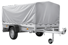 Laden Sie das Bild in den Galerie-Viewer, Einachsanhänger mit Blattfedern 264×125 UNITRAILER GARDEN 264/R KIPP mit H-800-Rahmen und grauer Plane-Neu
