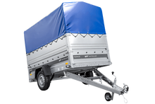 Laden Sie das Bild in den Galerie-Viewer, Einachsiger Anhänger auf Blattfedern 230×125 UNITRAILER FORCE 230/R KIPP mit BIS-Seitenwänden, H-800-Rahmen und blauer Plane-Neu