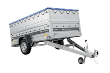 Laden Sie das Bild in den Galerie-Viewer, Einachsiger Anhänger auf Blattfedern 264×125 UNITRAILER FORCE 264/R KIPP mit BIS-Seitenwänden, H-0-Rahmen und blauer Plane-Neu