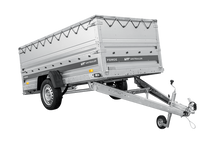 Laden Sie das Bild in den Galerie-Viewer, Einachsiger Anhänger auf Blattfedern 264×125 UNITRAILER FORCE 264/R KIPP mit BIS-Seitenwänden, H-0-Rahmen und grauer Plane-Neu