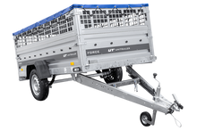 Laden Sie das Bild in den Galerie-Viewer, Einachsiger Anhänger auf Blattfedern 264×125 UNITRAILER FORCE 264/R KIPP mit Gitterseitenwänden, H-0-Rahmen und blauer Plane-Neu