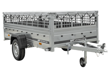Laden Sie das Bild in den Galerie-Viewer, Einachsiger Anhänger auf Blattfedern 264×125 UNITRAILER GARDEN 264/R KIPP mit Gitterseitenwänden, H-0-Rahmen und grauer Plane-Neu
