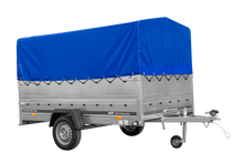 Laden Sie das Bild in den Galerie-Viewer, Einachsiger Anhänger auf Blattfedern 264×150 UNITRAILER GARDEN 265/R KIPP mit BIS-Seitenwänden, H-800-Rahmen und blauer Plane-Neu