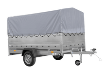 Laden Sie das Bild in den Galerie-Viewer, Einachsiger Anhänger auf Blattfedern 264×150 UNITRAILER GARDEN 265/R KIPP mit BIS-Seitenwänden, H-800-Rahmen und grauer Plane-Neu