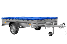 Laden Sie das Bild in den Galerie-Viewer, Einachsiger Anhänger auf Blattfedern 264×150 UNITRAILER GARDEN 265/R KIPP mit H-0-Rahmen und blauer Plane-Neu