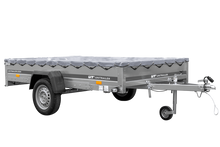 Laden Sie das Bild in den Galerie-Viewer, Einachsiger Anhänger auf Blattfedern 264×150 UNITRAILER GARDEN 265/R KIPP mit H-0-Rahmen und grauer Plane-Neu