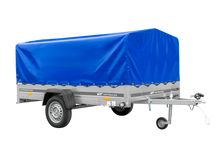 Laden Sie das Bild in den Galerie-Viewer, Einachsiger Anhänger auf Blattfedern 264×150 UNITRAILER GARDEN 265/R KIPP mit H-800 Rahmen und blauer Plane-Neu