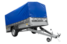 Laden Sie das Bild in den Galerie-Viewer, Einachsiger Anhänger mit Blattfedern 264×125 UNITRAILER FORCE 264/R KIPP mit H-800 Spriegel und blauer Plane-Neu