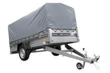Laden Sie das Bild in den Galerie-Viewer, Einachsiger Anhänger mit Blattfedern 264×125 UNITRAILER FORCE 264/R KIPP mit H-800 Spriegel und grauer Plane-Neu
